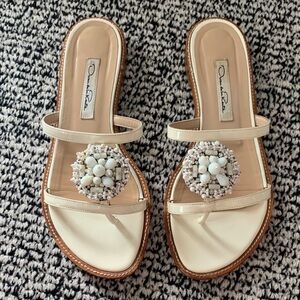 Oscar de la Renta Beaded Ivory Slip-On Sandals - Women. Size 7